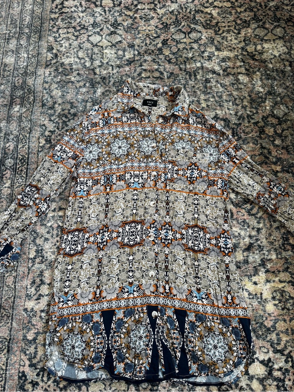 Vici Cream, Black & Brown Patterned Long-Sleeve Button-Down Dress